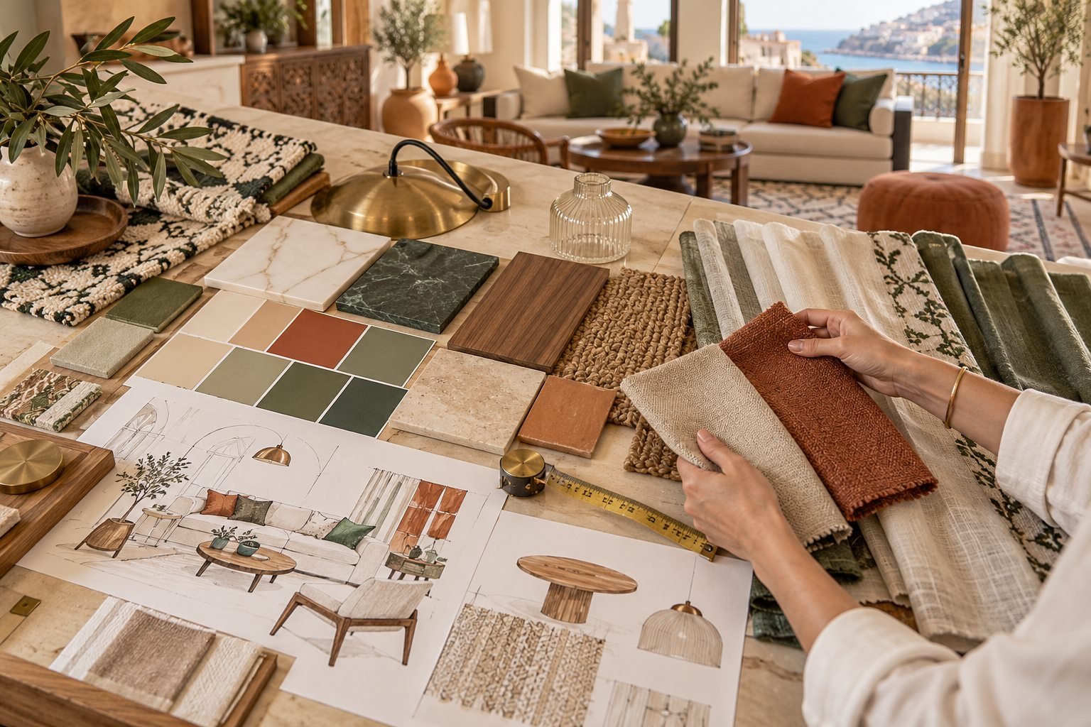 Sélection coordonnée de couleurs, matériaux, tissus, éclairage et mobilier